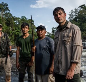 Dan with a camera next to large wall of rocks